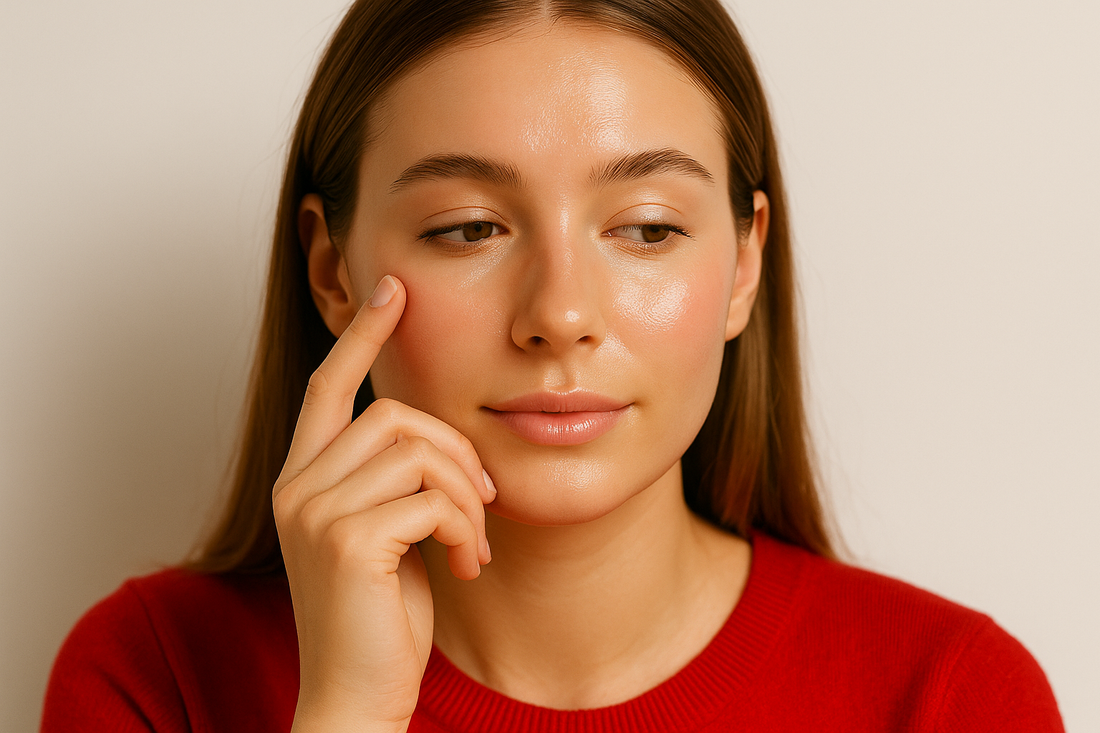 Junge Frau mit strahlender Haut und rotem Pullover, die nachdenklich ihre Wange berührt – geeignet für das Thema Glass-Skin-Fehler