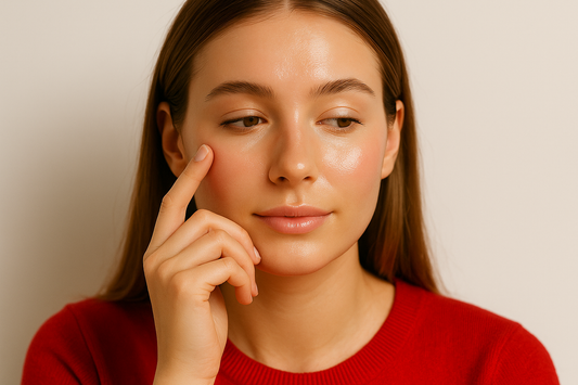 Junge Frau mit strahlender Haut und rotem Pullover, die nachdenklich ihre Wange berührt – geeignet für das Thema Glass-Skin-Fehler