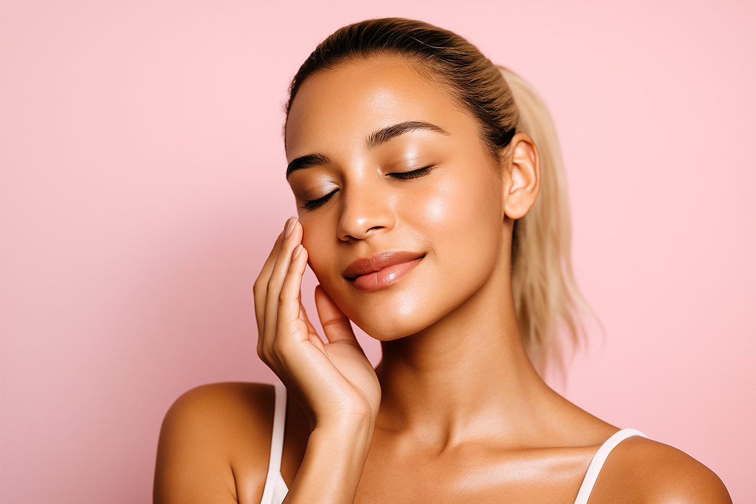 Junge blonde Frau mit glowy Glass Skin, geschlossenen Augen und sanfter Berührung im Gesicht vor rosa Hintergrund