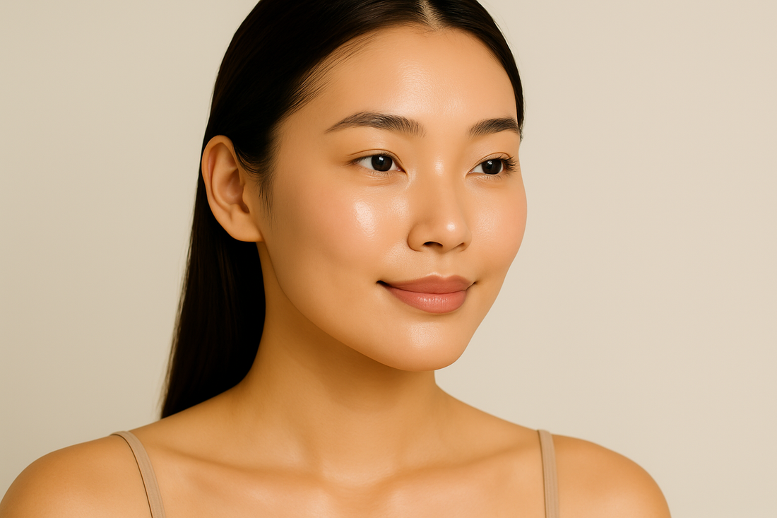 Sehr hübsche asiatische Frau mit glowy, ausgeglichener Haut, die sanft ihr Gesicht berührt, vor hellem Hintergrund im Querformat