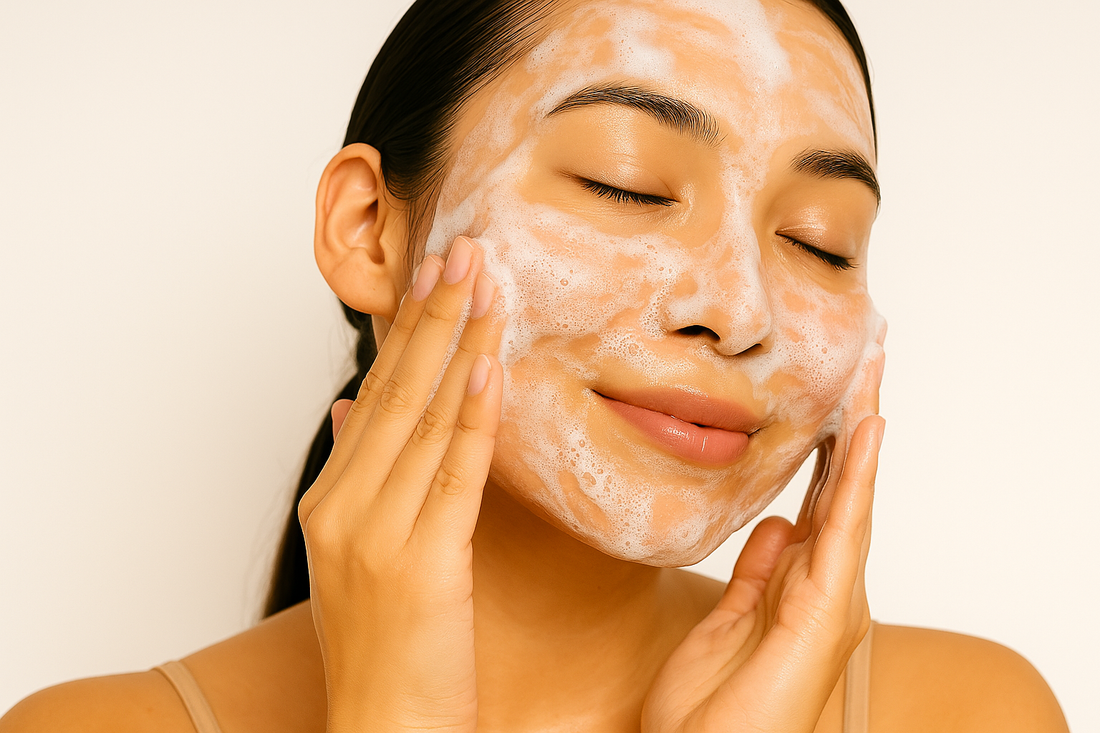 Junge Frau, die ihr Gesicht mit sanftem Schaum reinigt, strahlende Haut, helles Badezimmer, 1200x800 Querformat