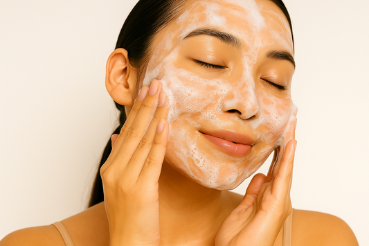 Junge Frau, die ihr Gesicht mit sanftem Schaum reinigt, strahlende Haut, helles Badezimmer, 1200x800 Querformat