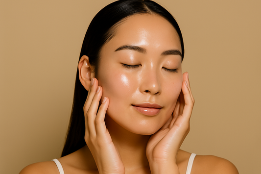 Nahaufnahme einer jungen Frau mit glatter, glänzender Glass Skin und entspanntem Gesichtsausdruck vor hellem Hintergrund