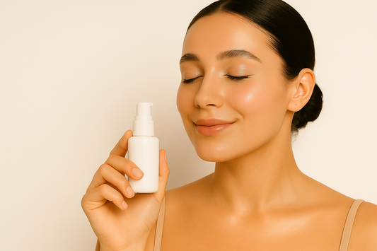 Junge Frau mit strahlender Haut hält eine minimalistische Pflegeflasche in der Hand vor hellem Hintergrund, 1200x800 Querformat.