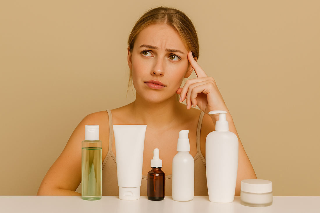 Blonde Frau, die nachdenklich vor verschiedenen Hautpflegeprodukten sitzt und überlegt, welche Produkte sie für Glass Skin wirklich braucht, im 1200x800 Querformat