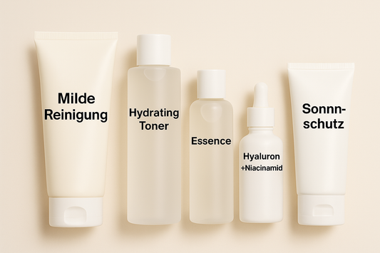 Fünf minimalistische Hautpflegeprodukte für eine einfache Glass-Skin-Routine, angeordnet auf hellem Hintergrund im Querformat 1200x800