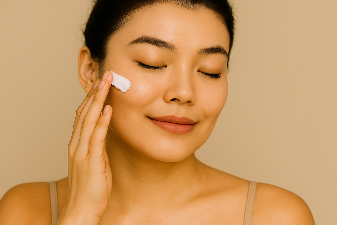 Junge asiatische Frau mit strahlender, hydratisierter Haut, die sanft Creme auf ihre Wange aufträgt, vor hellem Hintergrund