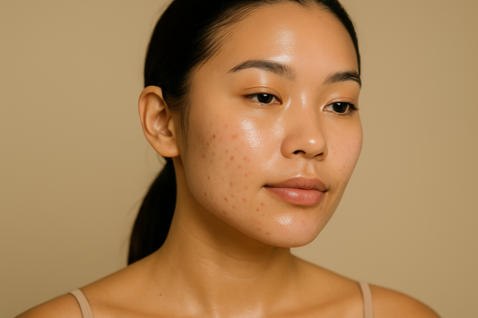 Junge Frau mit glänzender Haut und sichtbaren Unreinheiten auf der Wange, Nahaufnahme vor beigem Hintergrund