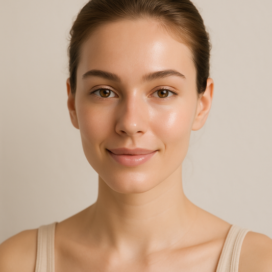 Junge Frau mit glatter, strahlender Haut im Clean-Beauty-Stil, neutraler heller Hintergrund, natürlicher Glow – ideal zur Darstellung der Wirkung von Cystein auf die Haut.