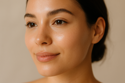 Nahaufnahme einer Frau mit glatter, frischer und glowy Haut in natürlichem Licht.
