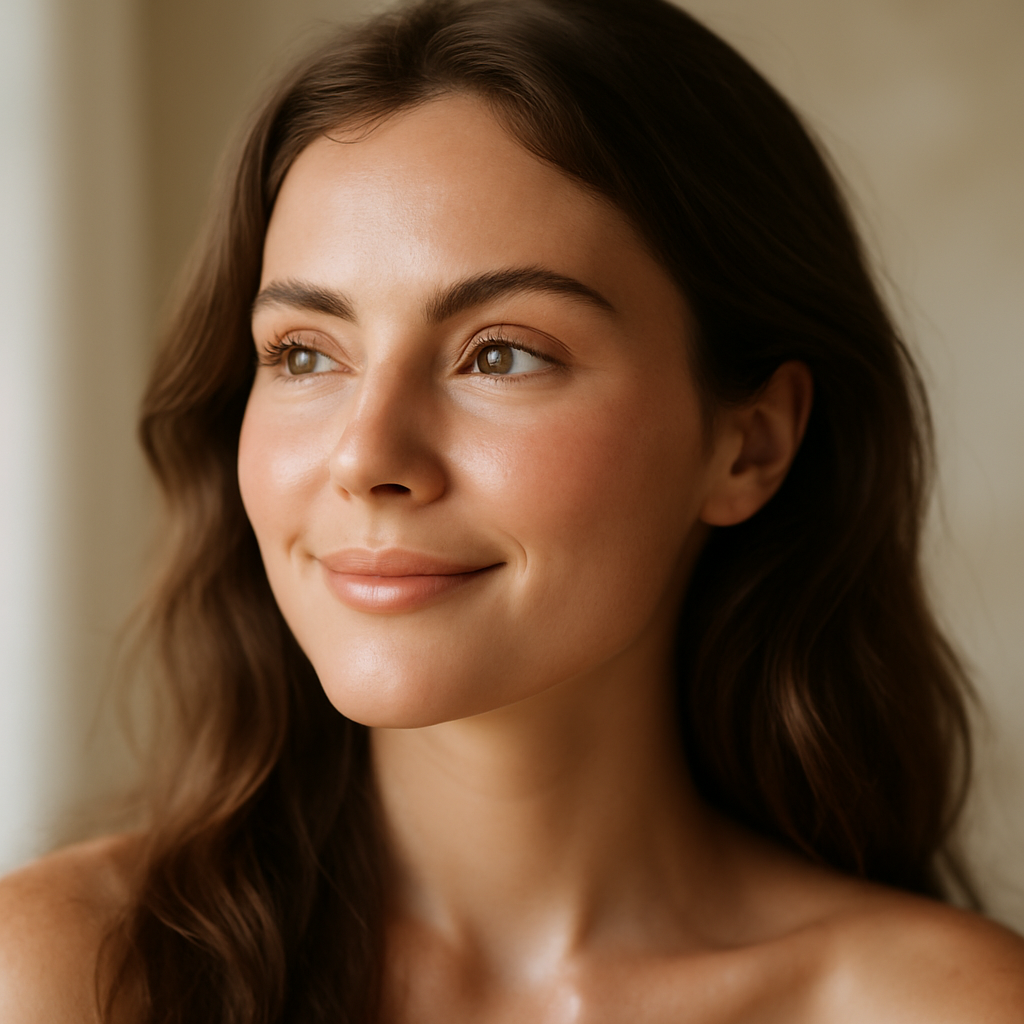 Junge Frau mit reiner, glatter und strahlender Haut lächelt sanft im natürlichen Licht – Symbol für gesunde Haut, Glow und natürliche Schönheit.
