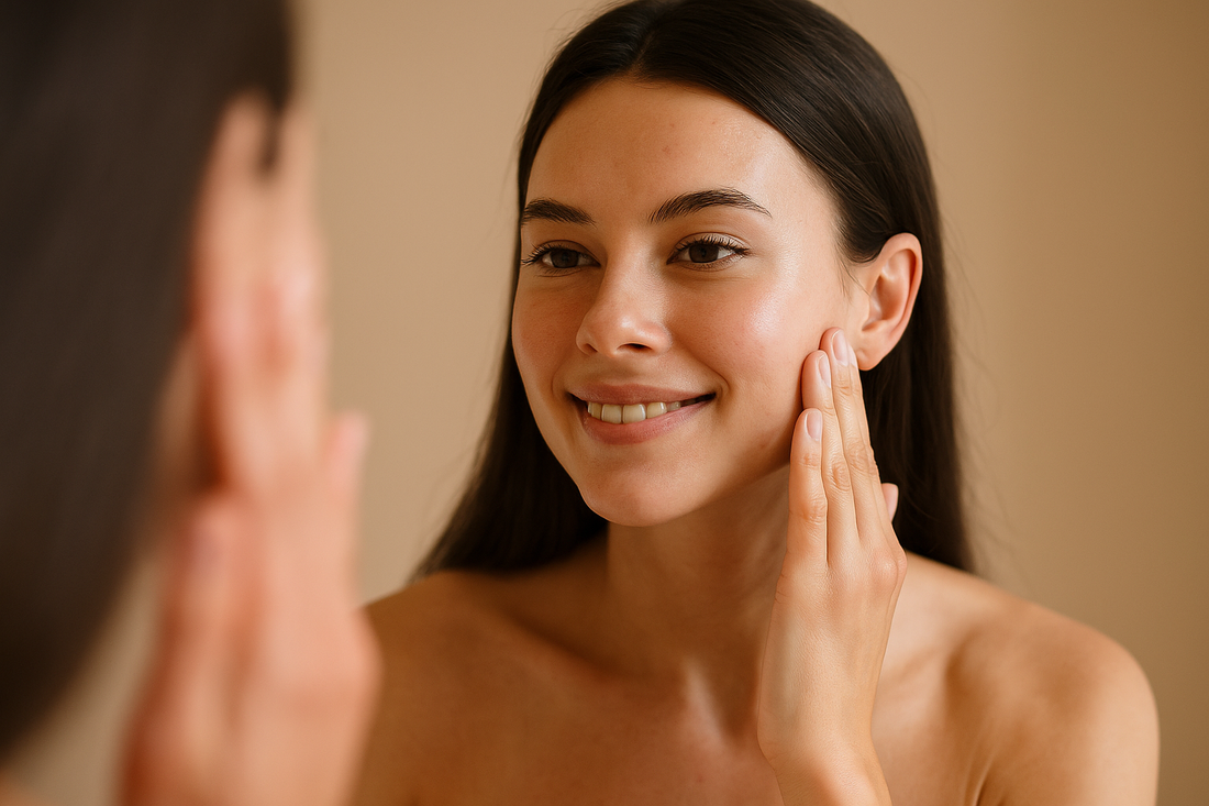 Junge Frau mit strahlender, reiner Haut lächelt selbstbewusst in den Spiegel – Symbol für innere Stärke, Selbstliebe und gesunde Hautpflege.