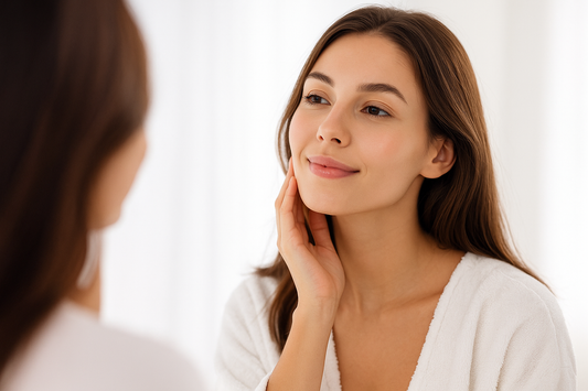 Junge Frau mit reiner Haut lächelt vor hellem Hintergrund und schaut in den Spiegel – Symbol für Selbstliebe, Hautpflege und strahlende Schönheit.