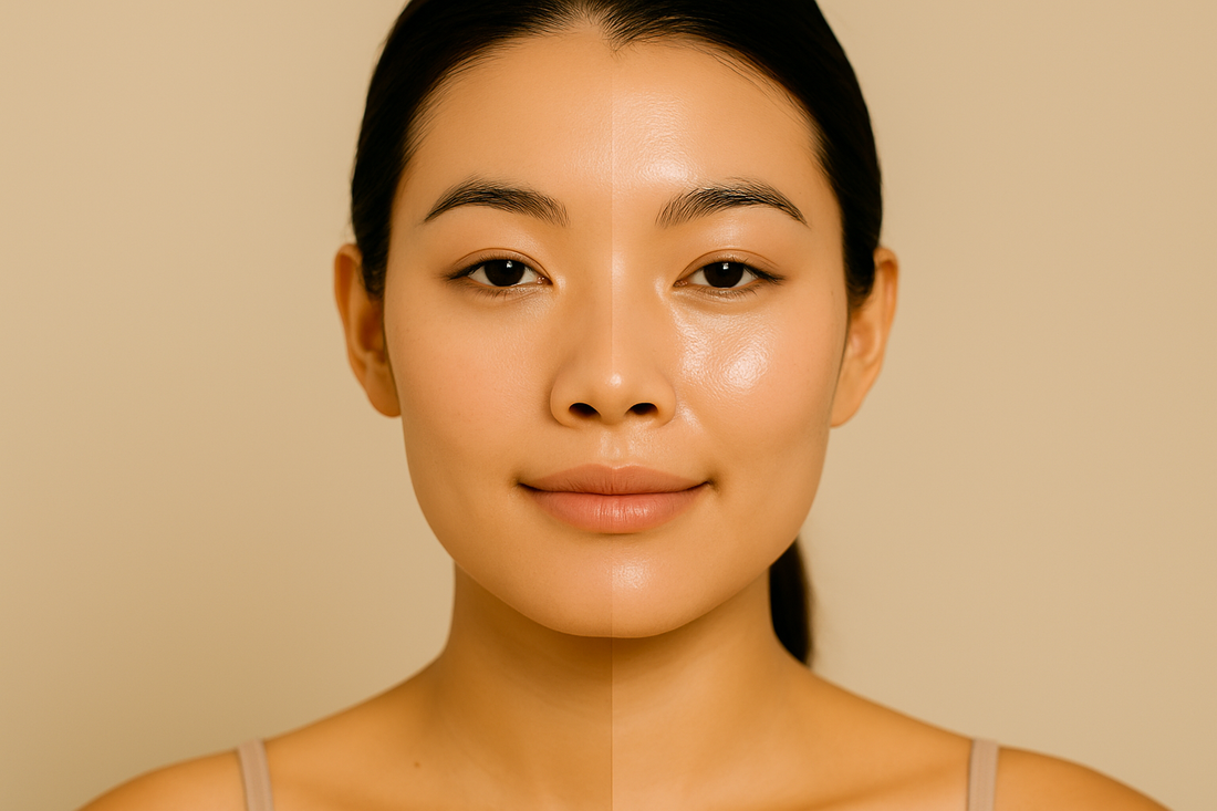 Zwei asiatische Frauen nebeneinander: links natürliche Glow-Haut, rechts klare, glatte Glass Skin, deutlich sichtbarer Unterschied im 1200x800 Querformat