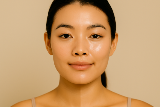 Zwei asiatische Frauen nebeneinander: links natürliche Glow-Haut, rechts klare, glatte Glass Skin, deutlich sichtbarer Unterschied im 1200x800 Querformat