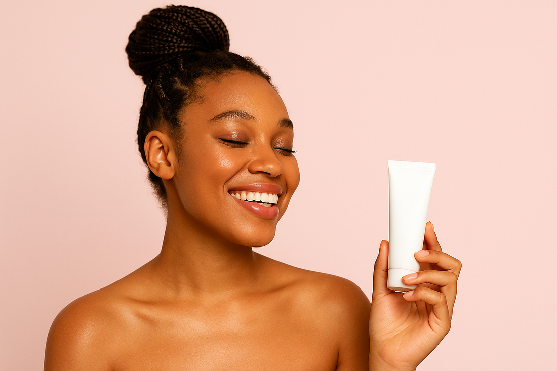 Golden-braune Frau mit langen Braids im Dutt lächelt strahlend und hält ein Hautpflegeprodukt vor hellrosa Hintergrund.