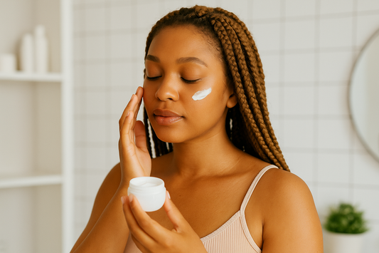 Junge Frau mit golden-brauner Haut und langen Afrobraids trägt im Badezimmer sanft Gesichtscreme auf; heller, minimalistischer Hintergrund.