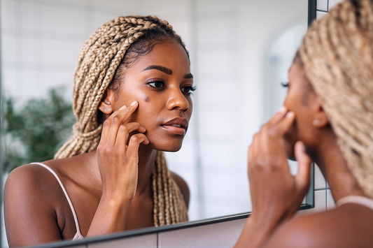 Frau mit goldenbrauner Haut und blonden Braids betrachtet im Badezimmer ihr Spiegelbild und berührt einen dunklen Fleck auf ihrer Wange; ruhige, ästhetische Szene im Querformat.