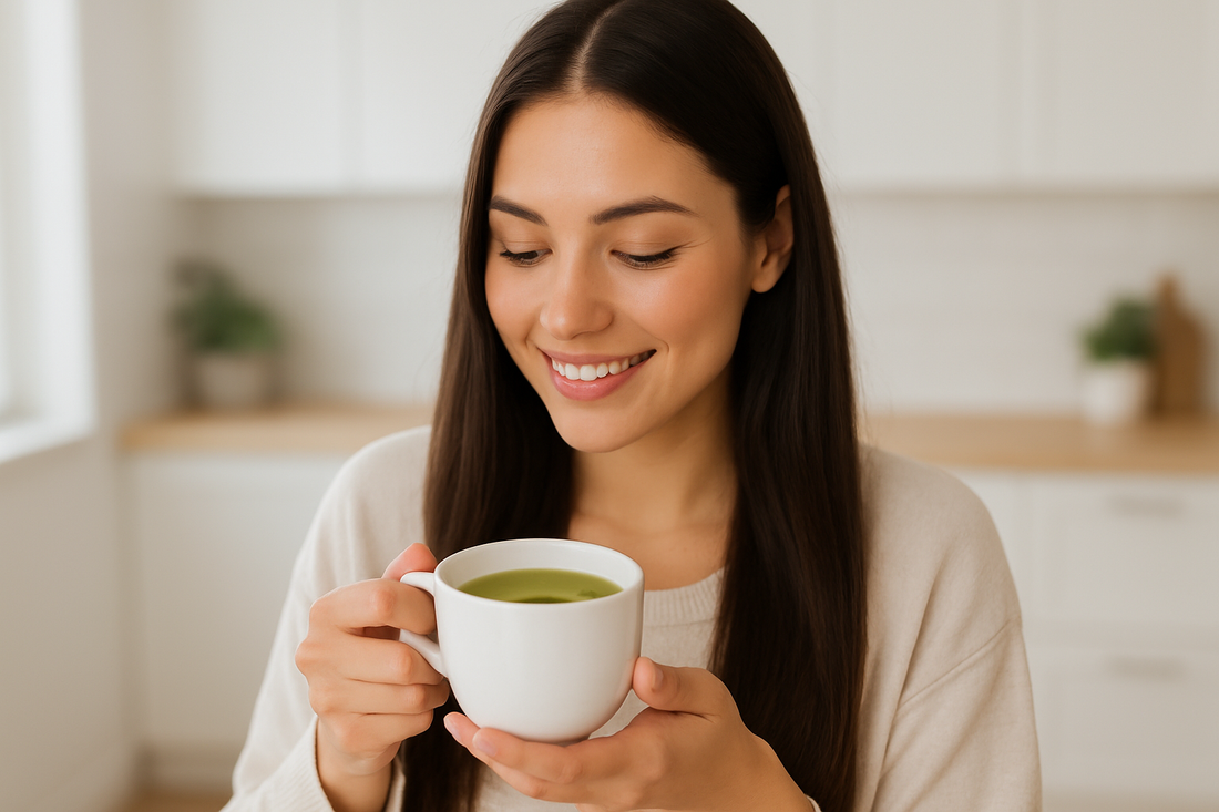 Junge Frau mit langen dunkelbraunen Haaren hält eine weiße Tasse mit grünem Tee in einer hellen Küche – Symbol für gesunde Ernährung und reine Haut.