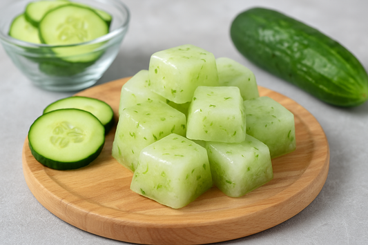 Gurken-Eiswürfel auf einem Holzbrett, umgeben von frischen Gurkenscheiben – natürliches Hausmittel zur Beruhigung der Haut, gegen Pickel und für mehr Feuchtigkeit.