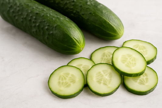 Frische Gurken und Gurkenscheiben auf heller Oberfläche – hydrierendes Superfood für reine Haut, Feuchtigkeit und weniger Pickel.