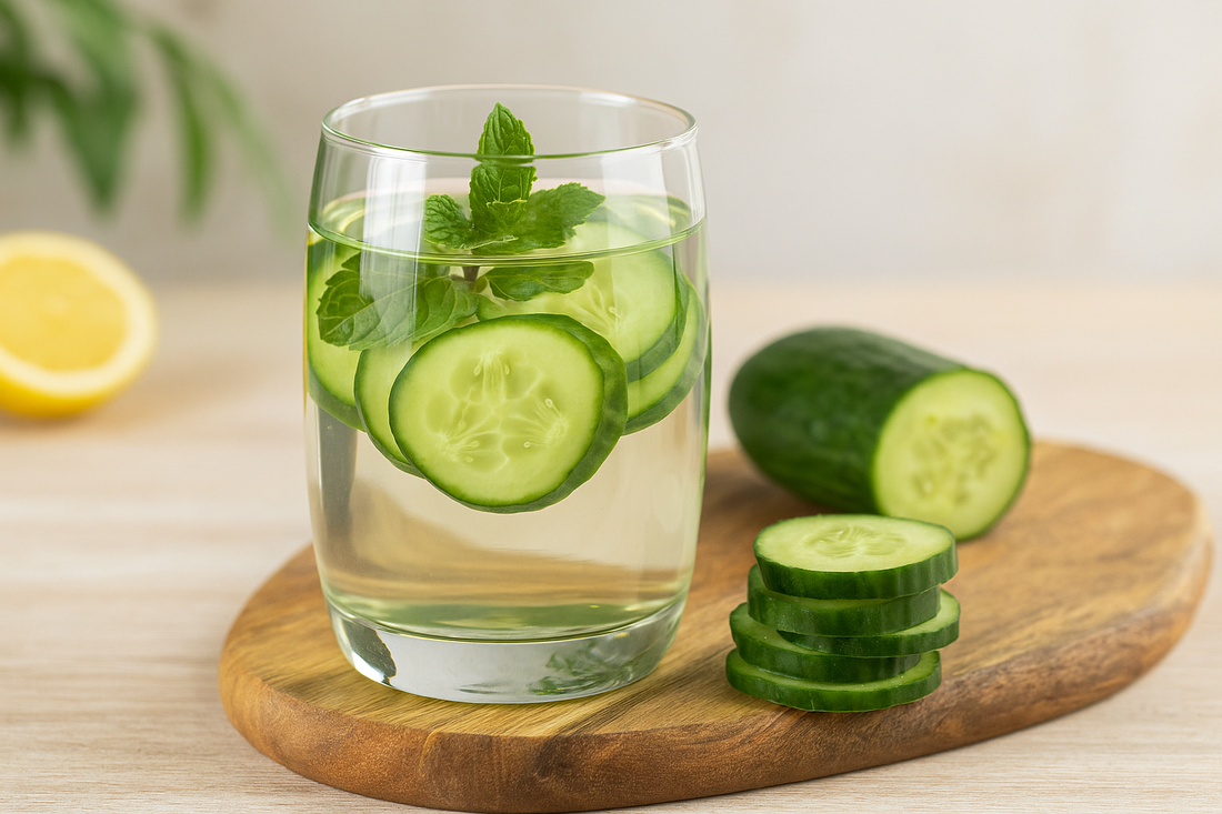 Glas mit frischem Gurkenwasser, Gurkenscheiben und Minze auf einem Holzbrett – natürliches Detox-Getränk für Hydration, reine Haut und weniger Pickel.