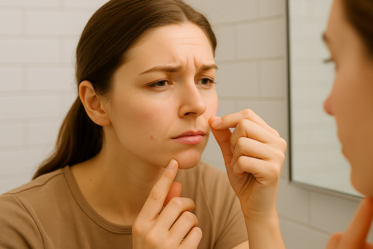 Junge Frau untersucht feine Gesichtshaare an der Oberlippe im Badezimmerlicht, Nahaufnahme des Gesichts