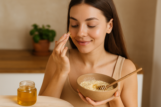 Junge Frau mischt Haferflocken mit Honig und trägt sie als natürliche Gesichtsmaske auf – gesunde Hautpflege mit warmen Farbtönen.