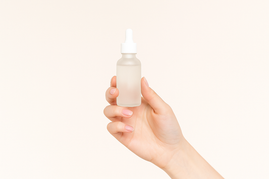 Hand einer Frau hält eine transparente Serumflasche vor einem hellen, neutralen Hintergrund.
