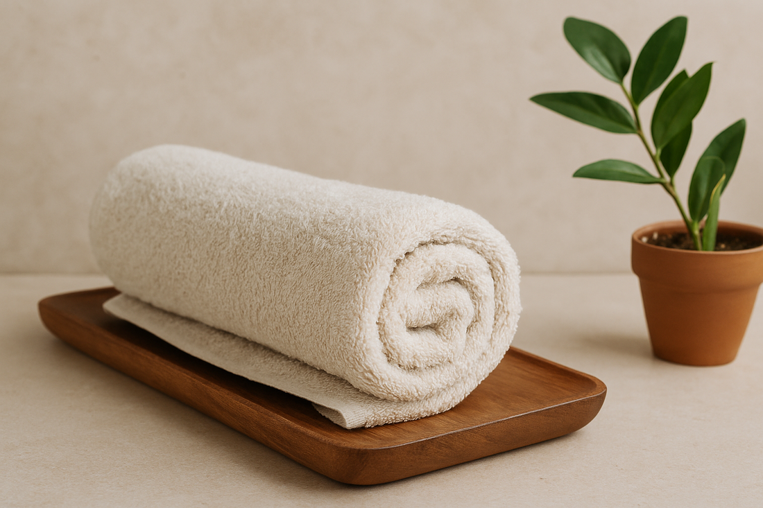 Beiges Handtuch auf Holzablage mit grünem Pflanzendetail – Symbol für Hygiene und Hautpflege bei unreiner Haut.