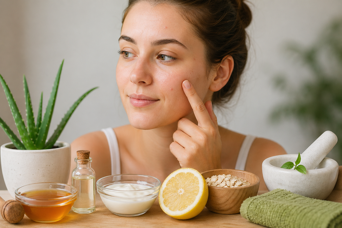 Frau mit leichter Akne im Gesicht, die natürliche Hausmittel wie Honig, Aloe Vera und Zitrone zur Hautpflege verwendet, in heller, ruhiger Umgebung