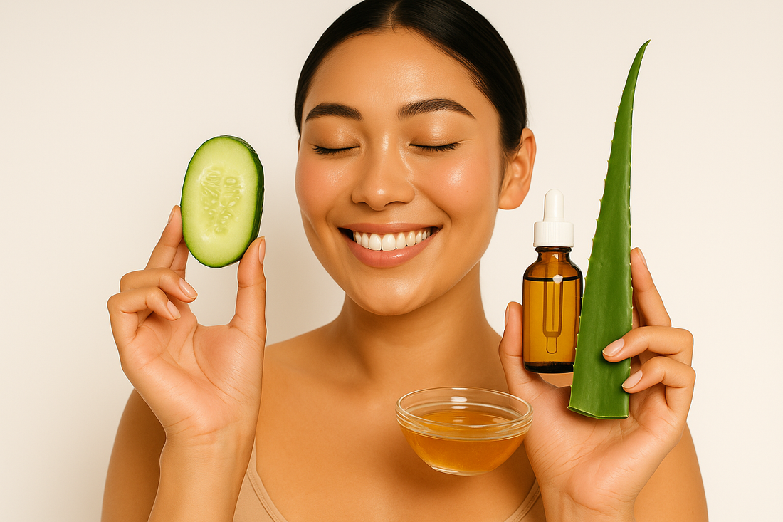 Junge Frau mit strahlender Haut, die natürliche Hausmittel wie Gurke und Aloe Vera betrachtet, heller Hintergrund