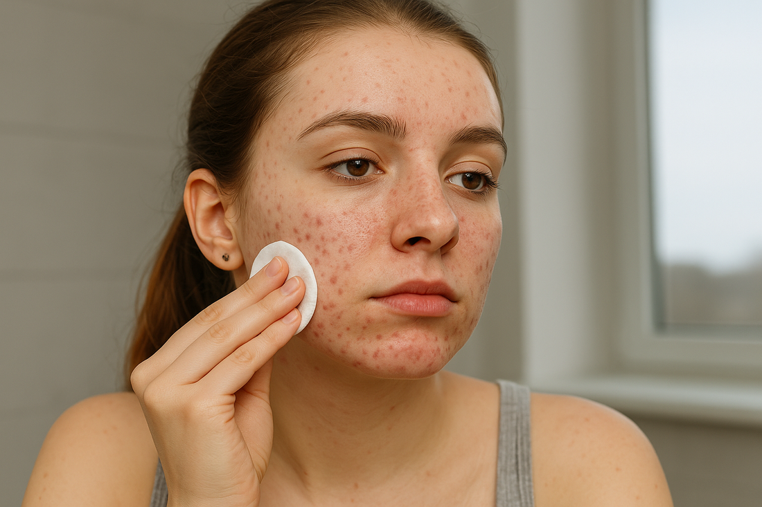 Junge Frau mit Akne trägt ein Hausmittel mit einem Wattepad auf ihre Wange auf, natürliche Nahaufnahme im Badezimmer, Bild ohne Text