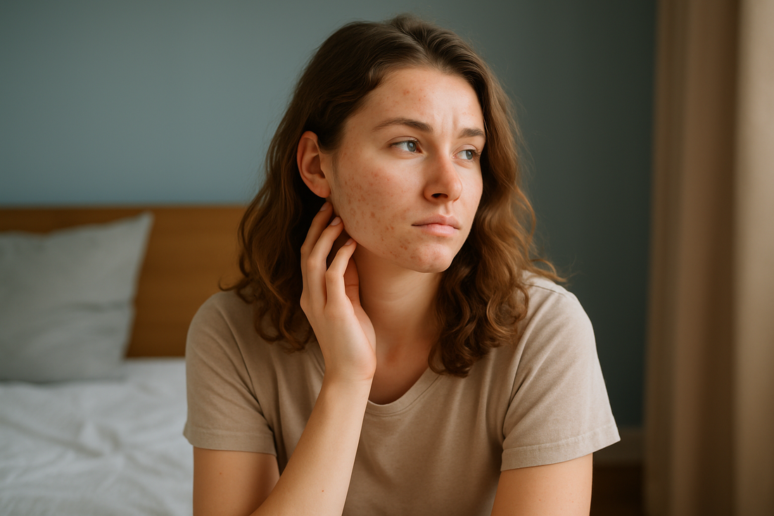 Junge Frau sitzt nachdenklich in ihrem Zimmer und berührt ihr Gesicht, während ihre Haut unrein wirkt.