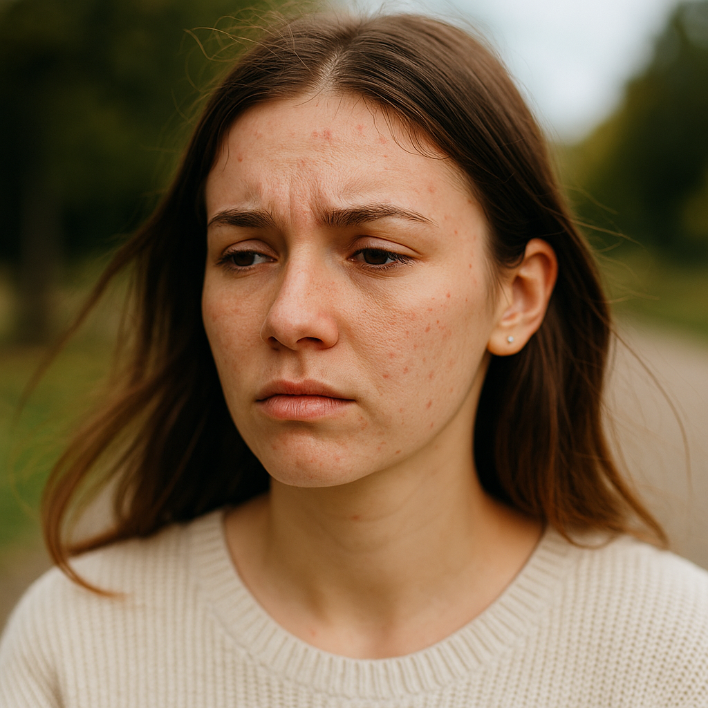 Junge Frau steht draußen in der Natur und zeigt sichtbare Hautunreinheiten, die auf eine plötzliche Verschlechterung des Hautzustands hindeuten.