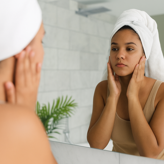 Frau mit beigefarbenem ärmellosen Top und Handtuch auf dem Kopf betrachtet ihr Gesicht im Spiegel, während sie ihre Haut sanft berührt.