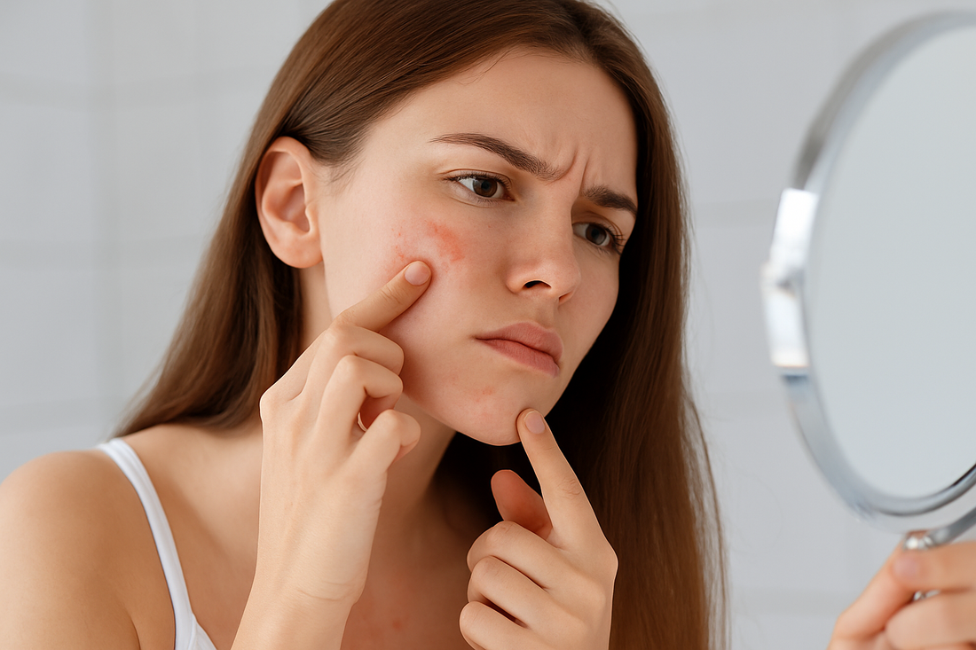 Junge Frau mit sichtbaren Rötungen und kleinen Hautunreinheiten im Gesicht, die nachdenklich in den Spiegel schaut – Symbolbild für den Unterschied zwischen Hautausschlag und Pickeln.