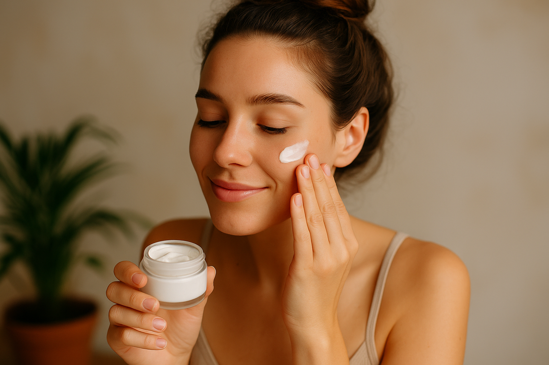 Junge Frau mit fairer Haut trägt sanft eine feuchtigkeitsspendende Creme auf ihr Gesicht auf – natürliche Pflege zur Reparatur der Hautbarriere.