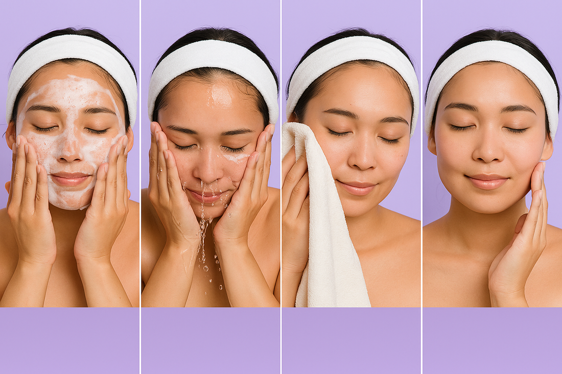 Junge Frau zeigt eine vierstufige Hautpflegeroutine: Gesicht reinigen, abspülen, trocknen und eincremen - echte Person, natürliche Hautpflege