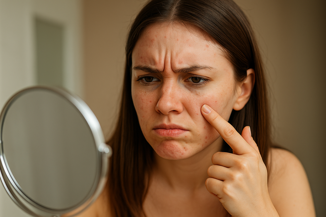 Frau mit unreiner Haut schaut frustriert in den Spiegel und zeigt auf einen Pickel – Symbolbild für Hautpflegefehler.