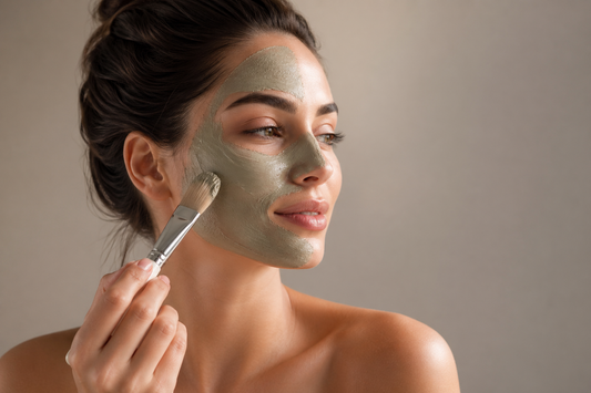 Hübsche Frau mit reiner Haut trägt eine Heilerde-Gesichtsmaske mit einem Pinsel auf, vor einem minimalistischen modernen Hintergrund ohne Ablenkungen