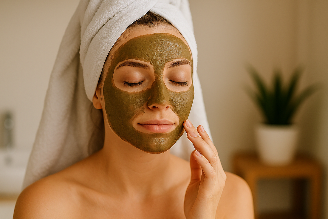 Frau mit Heilerde-Maske im Gesicht und weißem Handtuch auf dem Kopf sitzt entspannt im hellen Badezimmer – natürliche Pflege für reine Haut und gegen Pickel.
