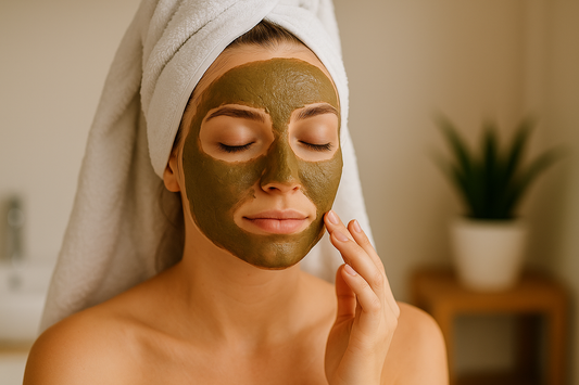 Frau mit Heilerde-Maske im Gesicht und weißem Handtuch auf dem Kopf sitzt entspannt im hellen Badezimmer – natürliche Pflege für reine Haut und gegen Pickel.