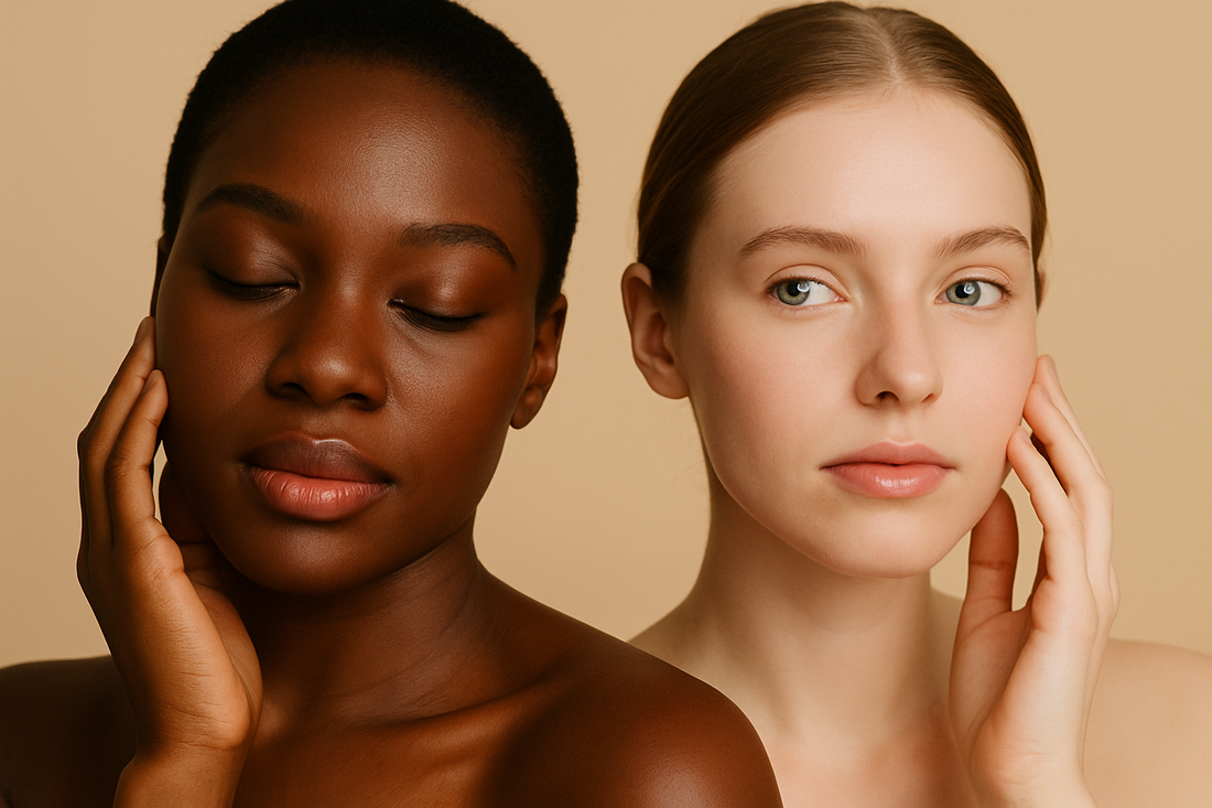 Porträt zweier Frauen mit heller und dunkler Haut nebeneinander vor einem hellen Hintergrund, beide berühren sanft ihr Gesicht; ästhetisches, cleanes Beautyfoto.