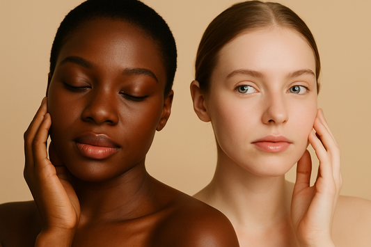 Porträt zweier Frauen mit heller und dunkler Haut nebeneinander vor einem hellen Hintergrund, beide berühren sanft ihr Gesicht; ästhetisches, cleanes Beautyfoto.