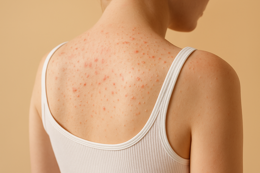 Nahaufnahme von Hitzepickeln auf dem oberen Rücken einer Frau in einem weißen Tanktop, neutrale beige Hintergrundfarbe.