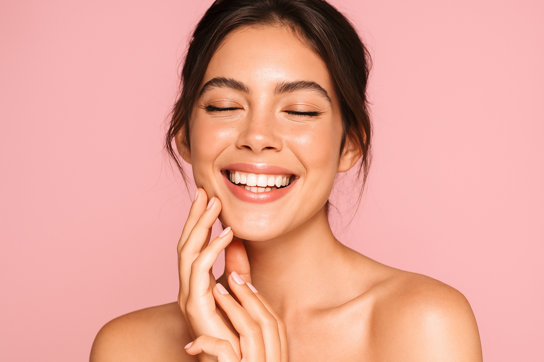 „Hübsche junge Frau mit strahlendem Lächeln vor rosa Hintergrund, natürliche Haut und frische Glow-Optik.“