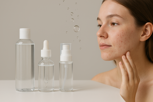 Frau mit Akne betrachtet transparente Hyaluron-Seren und Hautpflegeprodukte auf hellem Hintergrund; Fokus auf Hyaluron gegen Pickel und Akne, Bild ohne Text