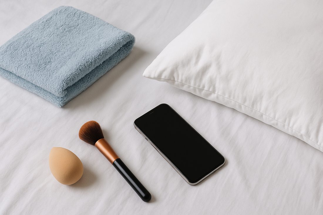 Handtuch, Kissenbezug, Smartphone und Make-up-Tools auf einem weißen Bett als Symbol für häufige Hygiene-Fehler, die unreine Haut verursachen können.