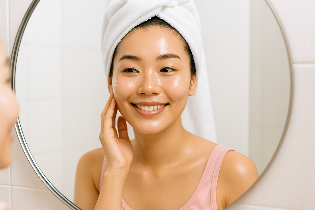 Junge japanische Frau mit strahlender Glass Skin und weißem Handtuch auf dem Kopf, die sich in der Badezimmer-Spiegelung bewundert und ein rosafarbenes Oberteil trägt, heller Hintergrund